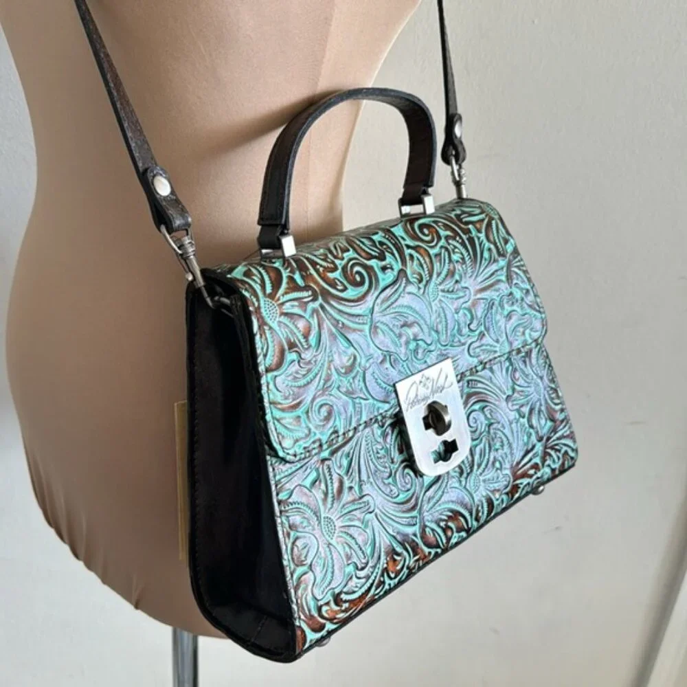 Patricia Nash Leather Tooled Chauny Turquoise Handbag Crossbody Top Handbag